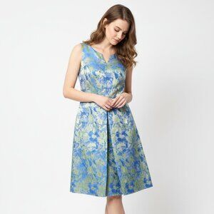 Ashro Dress Blue Green Pleated Retro Sleeveless Floral Satin 16W